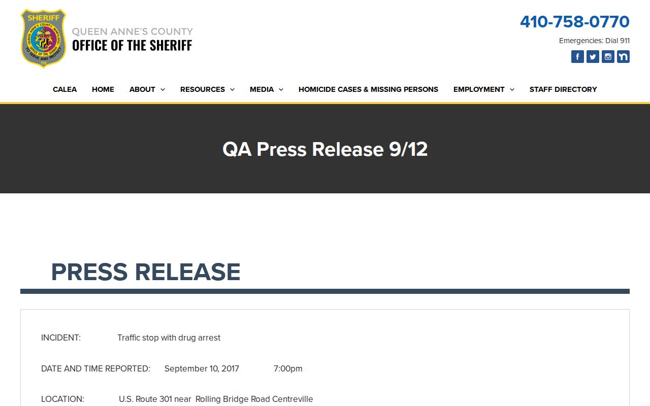Queen Anne’s County Sheriff sample arrest report