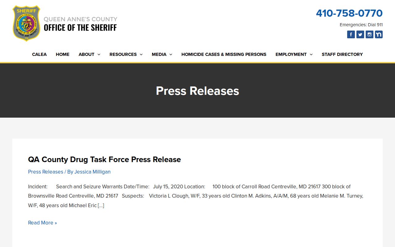 Queen Anne’s County Sheriff arrest report archive
