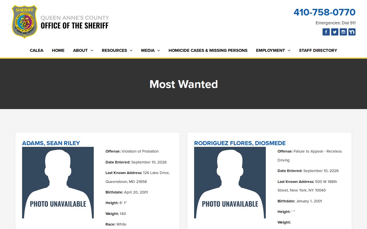 Queen Anne’s County Sheriff official Most Wanted page