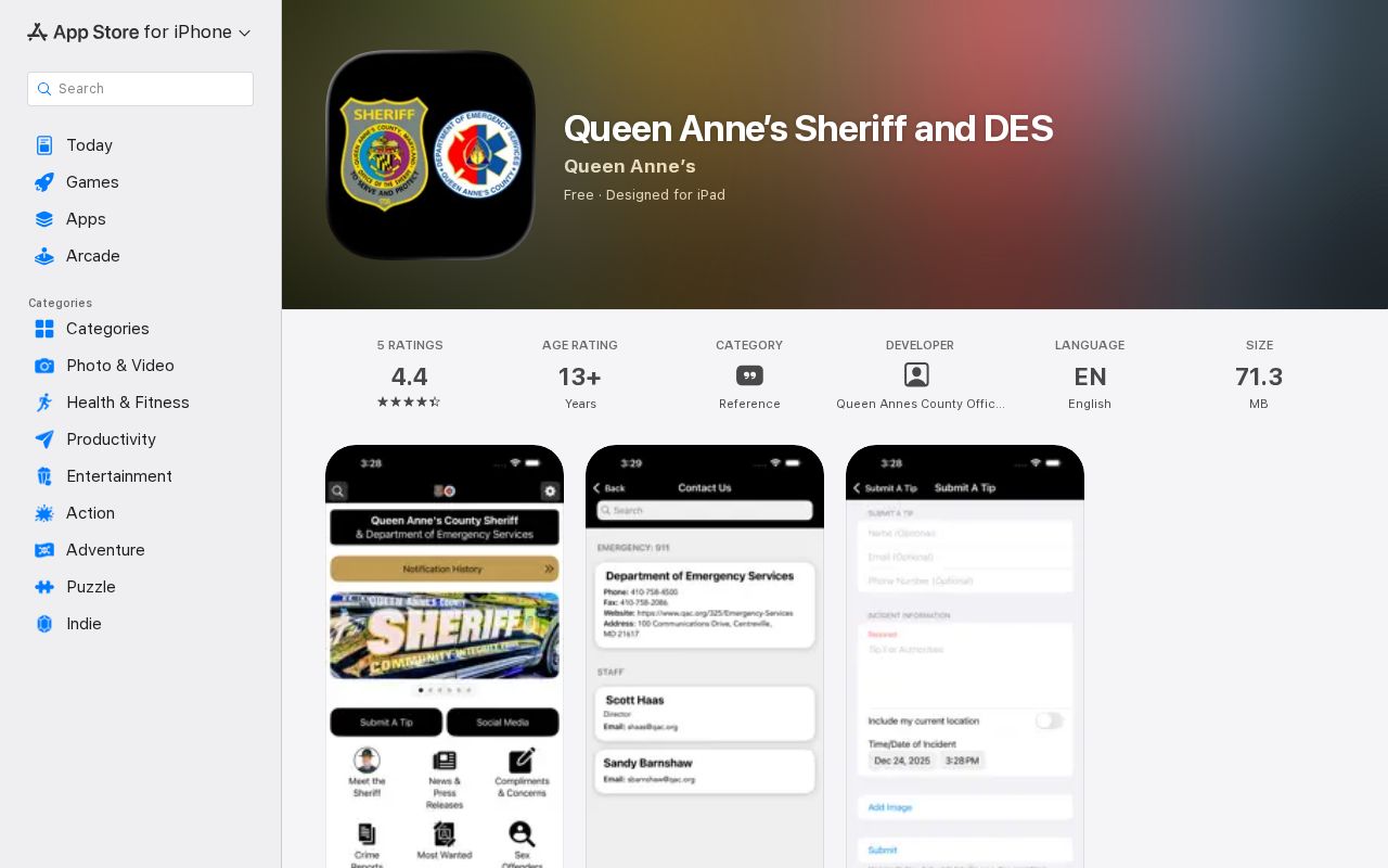 Queen Anne’s Sheriff and DES app listing with inmate search feature