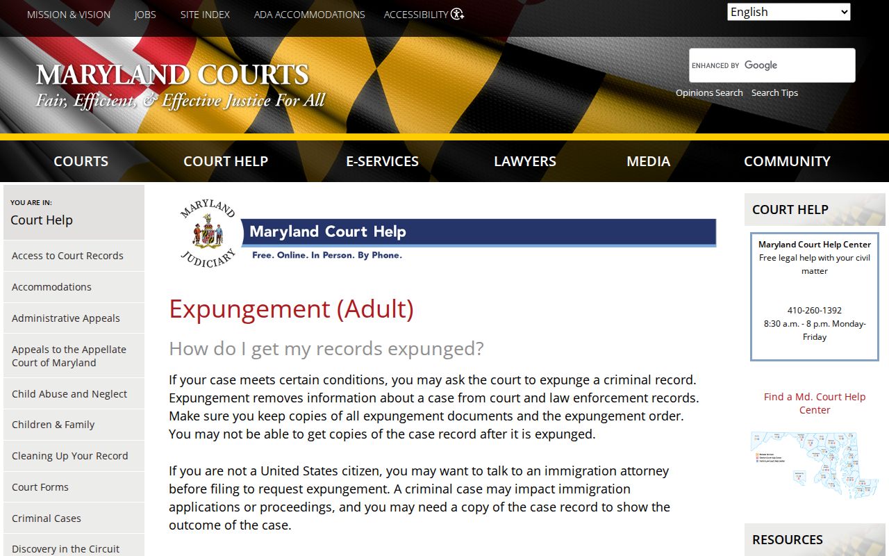 Maryland Judiciary official expungement guidance page